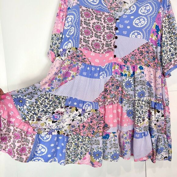 Rusttydustty Dress 3XL Purple V-Neck Short Sleeve Tiered Floral Mini Patchwork - Picture 7 of 15